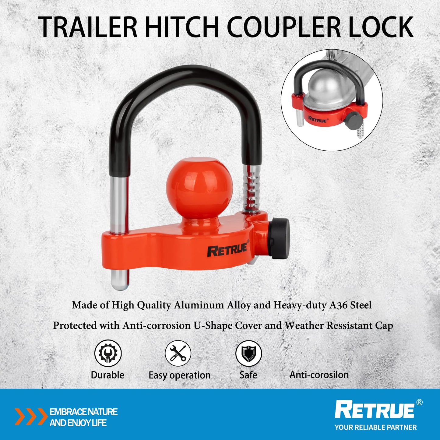 RETRUE Universal Trailer Ball Lock Hitch Coupler Locks Fits 1-7/8 Inch, 2 Inch, 2-5/16 Inch Couplers Adjustable Security with Weatherproof Cover and Cap, Red