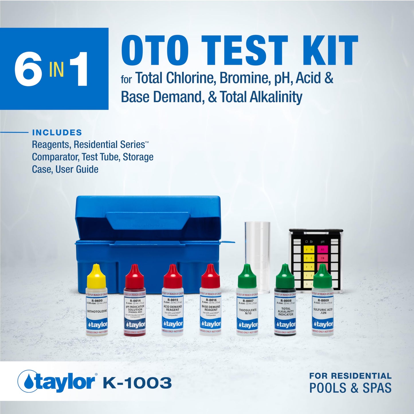 Taylor K-1003 OTO, 6-in-1 Pool Test Kit for for Total Chlorine, Bromine, pH, Acid & Base Demand, Total Alkalinity, 100+ Tests, Quick & Easy for Pools & Spas | Made in the USA