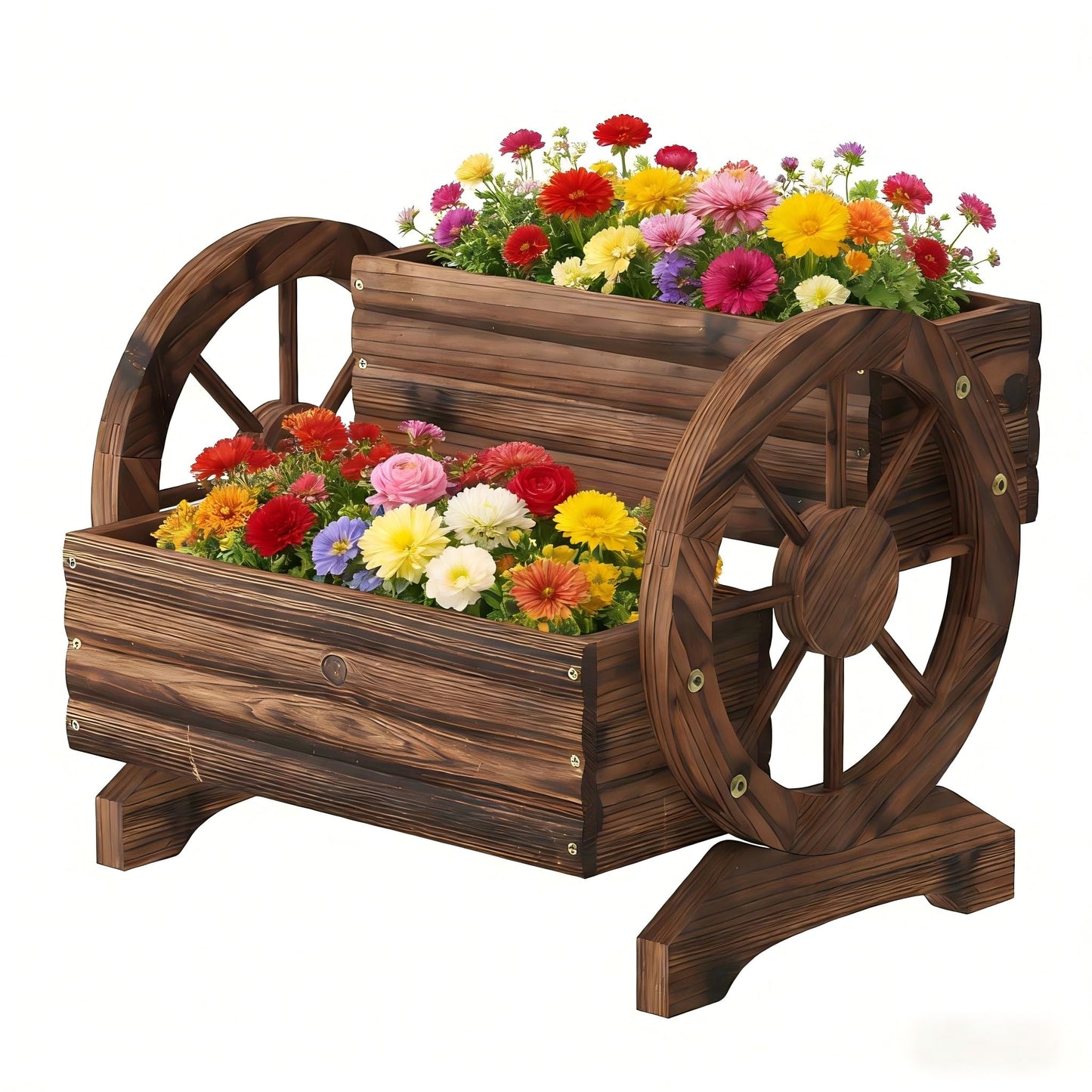 Wooden Wagon Planter Wooden Flower Cart with Wheels Outdoor Garden Planter, Decor Planter for Patio Balcony Decoration Succulent Flower Pot for Indoor Backyard Balcon planters (Carbonized, Medium)