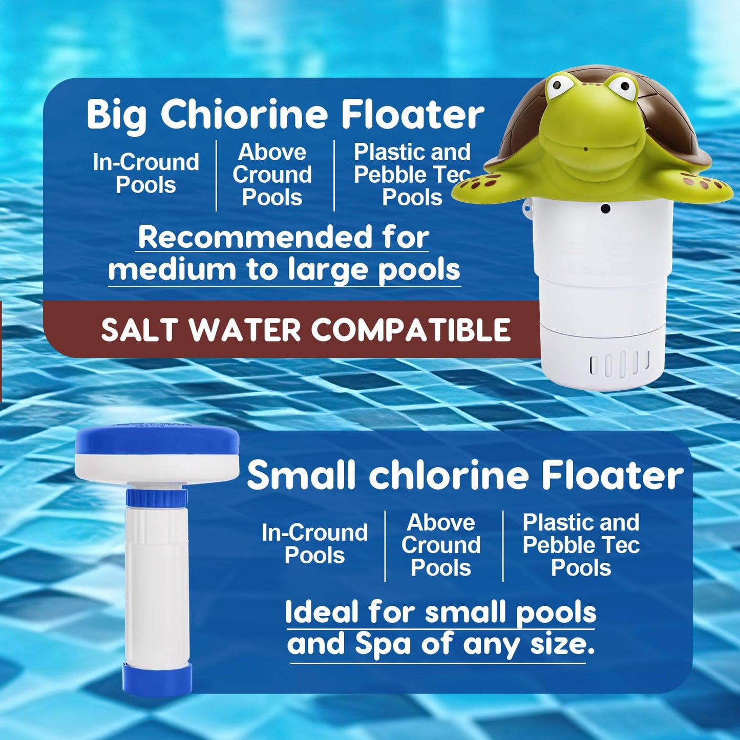 Merkia Pool Chlorine Floater, Large Capacity Floating Chlorine Dispenser Fits Up to 5 Pc 3-Inch Chemical Tablets, Heavy-Duty Plastic-Anti-Aging,Top Vacuum Design- Prevent sinkin (Turtle)