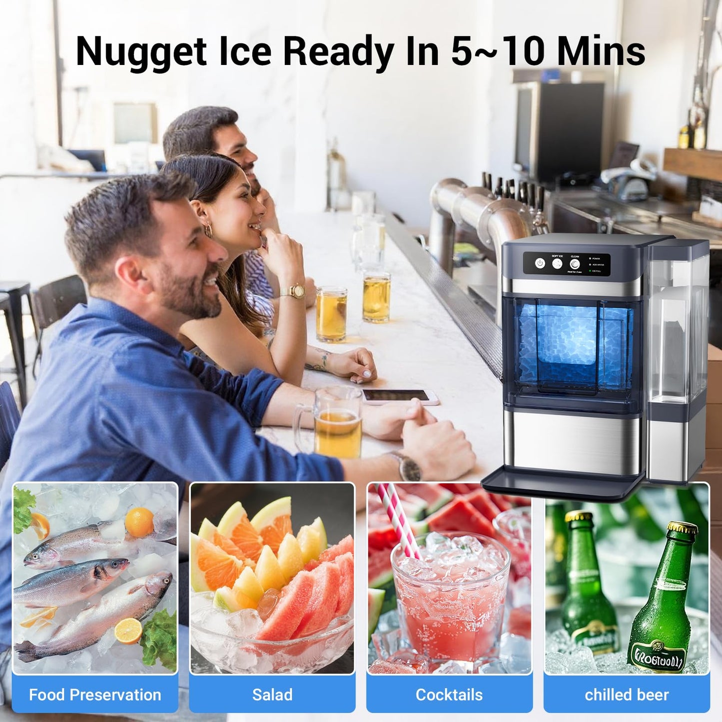 Nugget Ice Maker Countertop 44 Lbs/24h, Chewable Nugget Ice Machine with Side Water Tank, Ready in 5-10 Mins, Self-Cleaning Pellet Ice Machine,Stainless Steel,Scoop Included