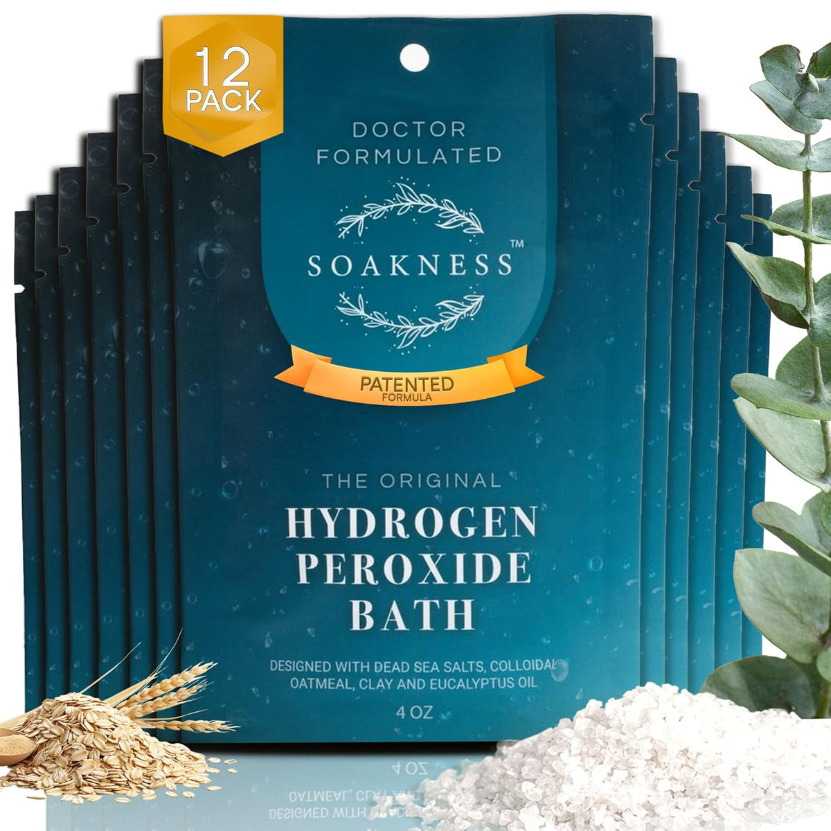 Hydrogen Peroxide Epsom Salt Bath Soak - USA-Made â Patented Bath Salts, Muscle Recovery, & Skin Detoxification â Magnesium Salts for Bathing - Doctor Formulated Pure Epsom Salt (12-Pack)