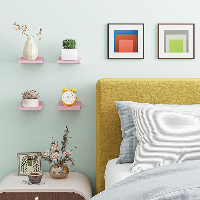 Fixwal Pink Shelves, 5x5 Inches Small Wall Shelf Set of 4, Rustic Wood Floating Wall Mounted Shelves for Bedroom, Living Room, Kitchen, Bathroom Decor (Pink)
