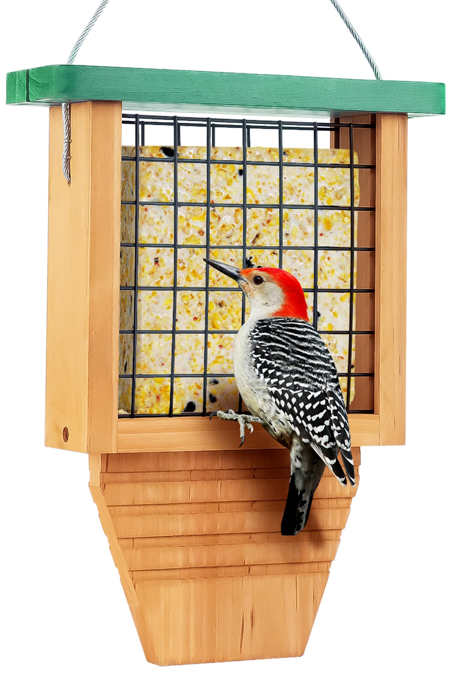 Gbekery Wooden Suet Bird Feeder for Outside Hanging, Woodpecker Suet Feeder with Tail Prop, Hanging Bird Feeder for Wild Birds, 1 Pack, Green