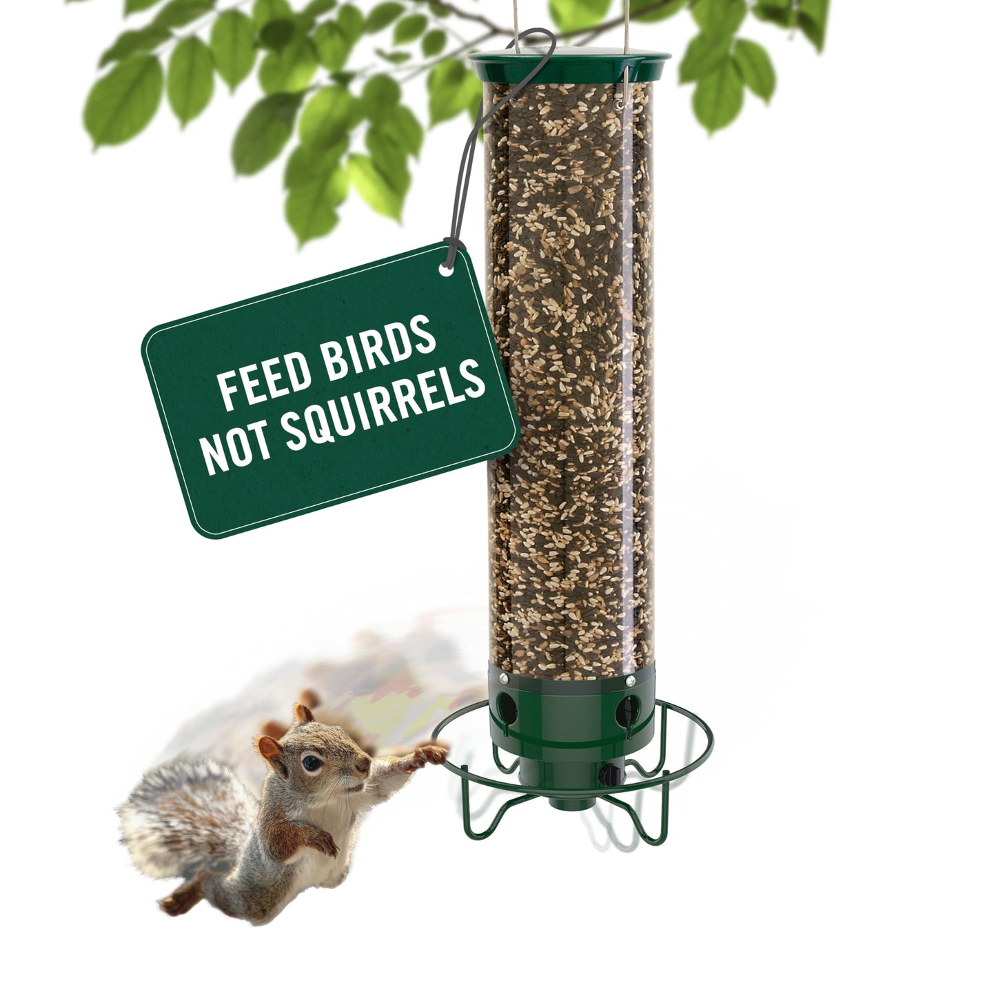 Droll Yankees Squirrel Proof Bird Feeder for Outdoors â Rechargeable Weight-Activated Rotating Perch, 5lb Seed Capacity, Metal Base, UV-Stabilized Seed Tube, Hanging Green Yankee Flipper, YF-M