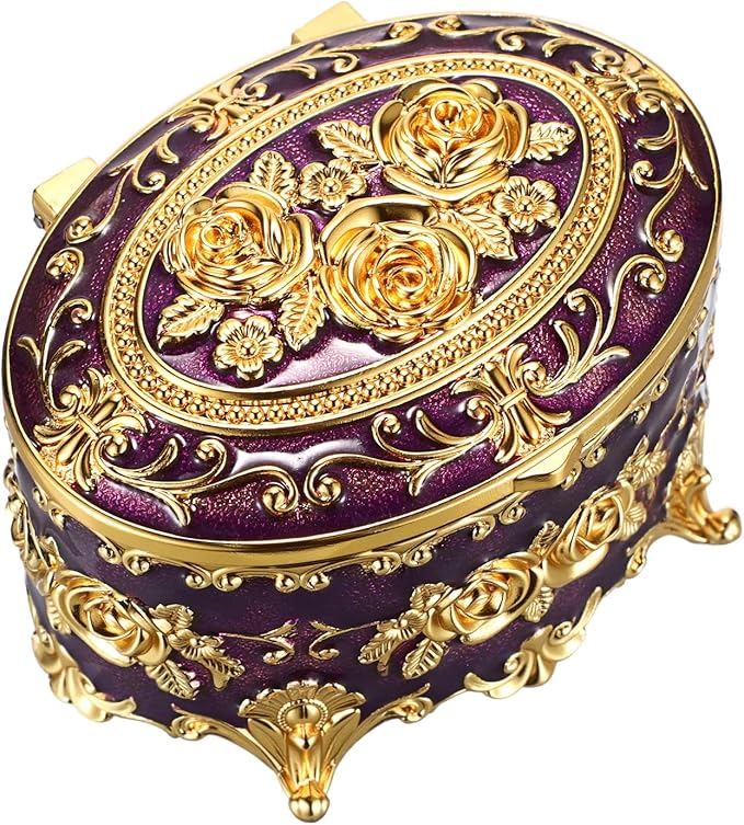 Hipiwe Vintage Oval Jewelry Storage Box Metal Trinket Organizer Purple Treasure Chest Box for Earring Necklace Ring Holder Gift for Women