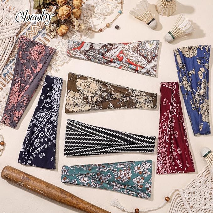 obeoby Boho Style Headbands for Women, 8 Pack Non Slip Headbands Fashion Hippie Clothes for Mom Grandmother Gift Wide Hairband Hair Wrap
