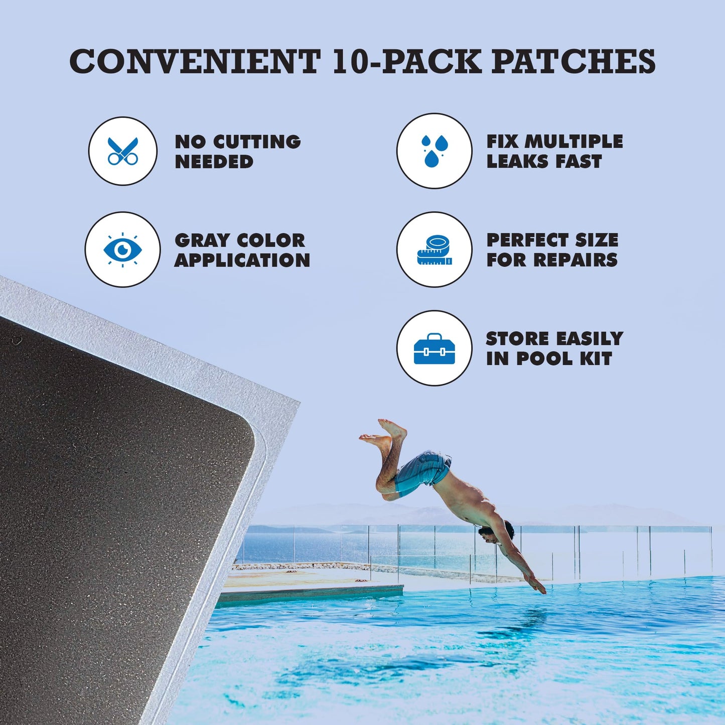 Burro Adhesives 10-Pack Waterproof Gray Pool Patches - Professional Grade PVC Repair Kit with 2.75" x 4" Heavy Duty Patches for Commercial & Residential Vinyl Liner Pools, Works Underwater & Dry