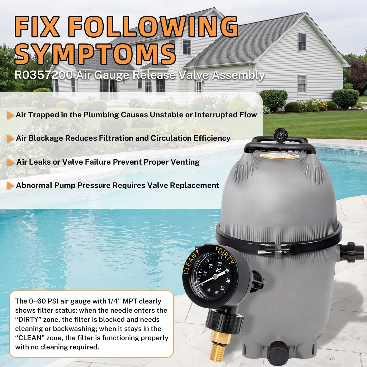 R0357200 Air Gauge Release Valve Assembly, Compatible with Jandy and Zodiac CV, CL, DEV, DEL, JS Series Pool and Spa Cartridge Filters