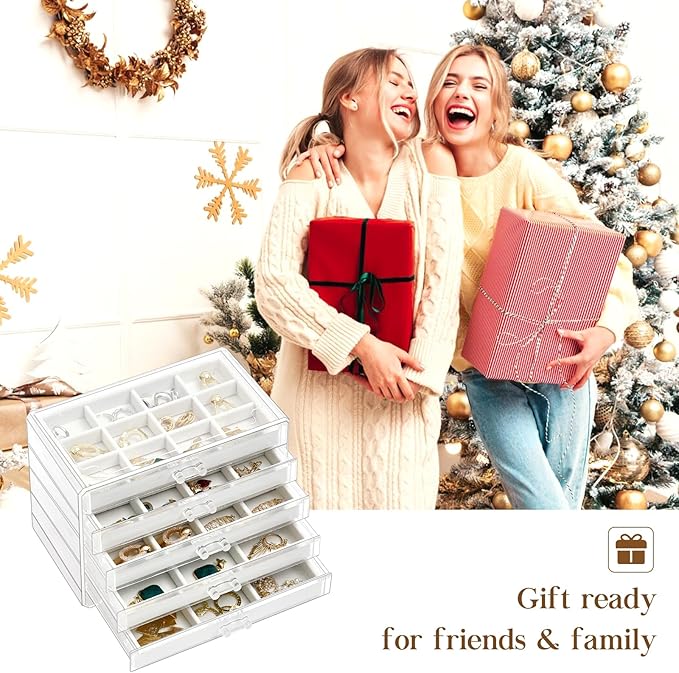 ProCase Earring Holder Organizer Jewelry Box with 5 Drawers, Acrylic Clear Earring Case with Adjustable Velvet Trays for Women - Warmwhite,5 Layers