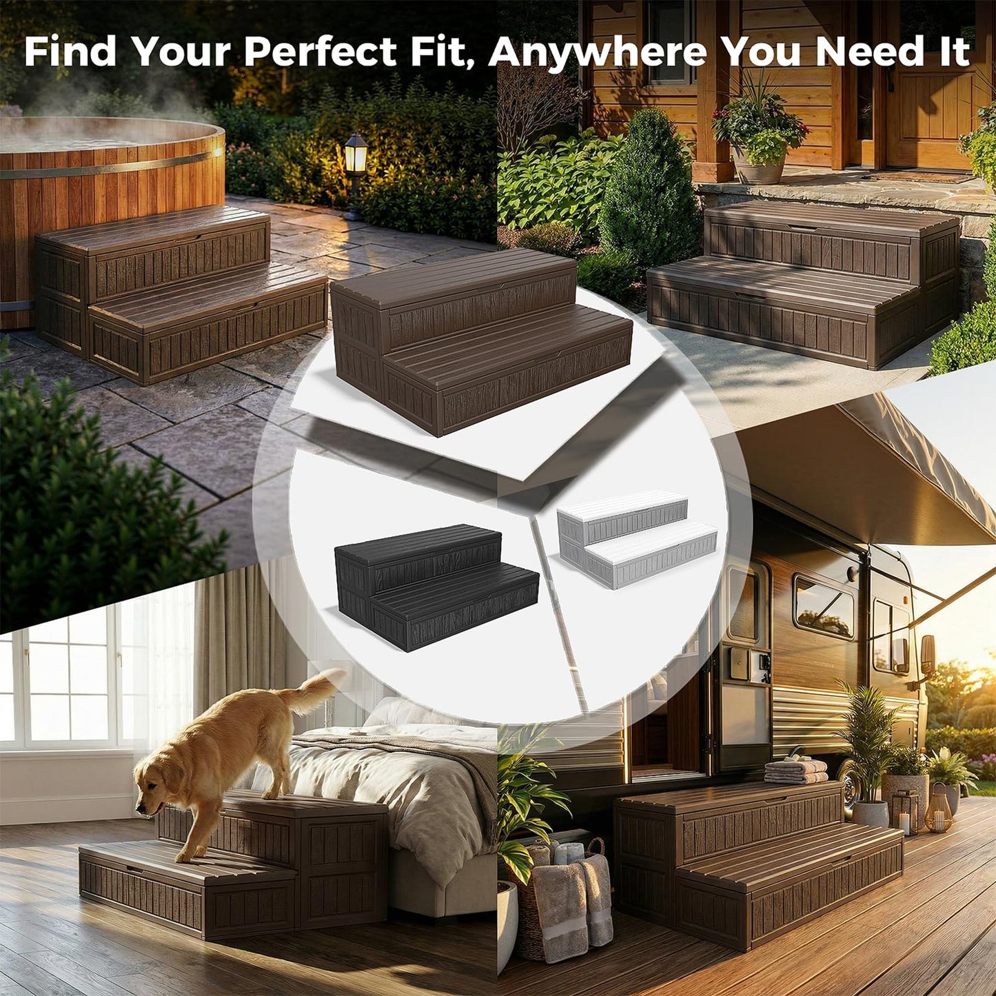 CAMMOO Hot Tub Steps - Double-Decker Large Storage & Snap-Together Assembly, Fully Sealed Spa Steps with Non-Slip Wider Step, Hot Tub Stairs, Outdoor/Indoor, Brown