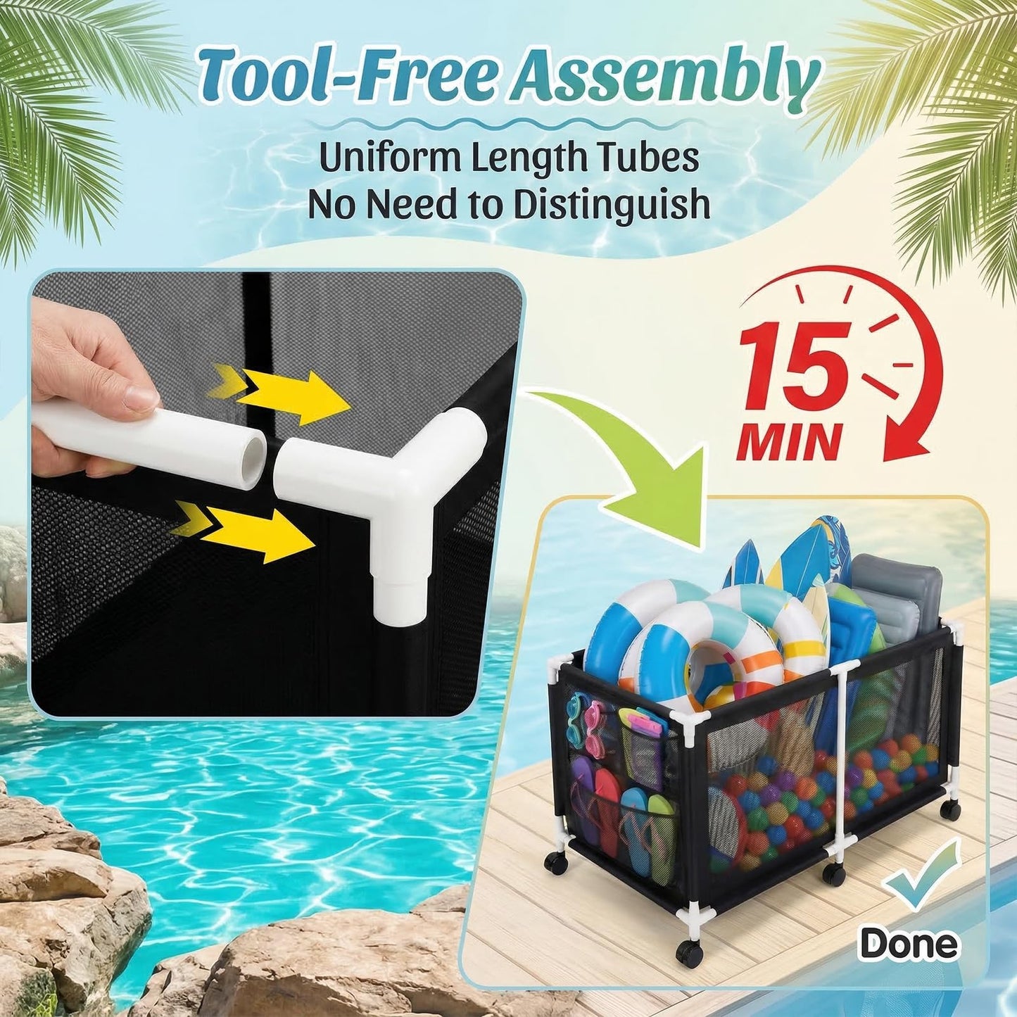 280 Gallon 69" Pool Storage Bin XXL Extra Large Swimming Pool Float Storage Bin, Pool Noodles Holder, Toys, Floats, Balls and Floats Equipment Mesh Rolling Bin for Garden Lawn, 69" Lx32 Wx35 H (Black)