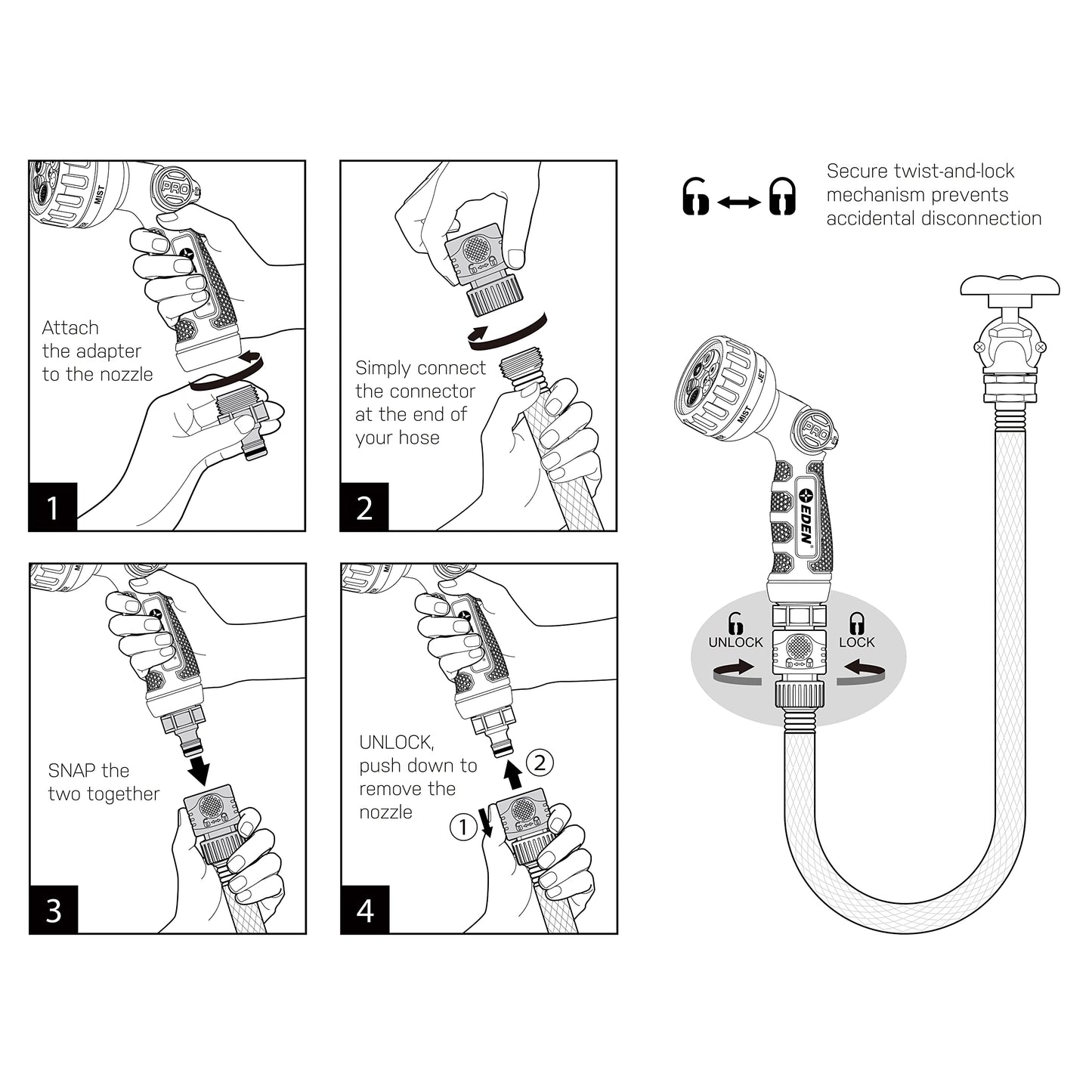 Eden 94814 Metal Thumb Control Heavy Duty Garden Hose Nozzle, Water Sprayer Nozzle with 6 Adjustable Watering Patterns, W/Quick Connect Starter Set for Plants, Lawn, Garden