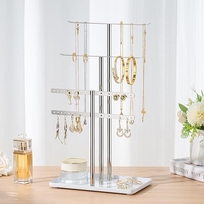pickpiff Silver Jewelry Stand Holder Organizer: 14.5" Sturdy Hanger for 80 Pcs Jewelry, Jewlery Tower for Display Necklace, Earring, Bracelet, Watch
