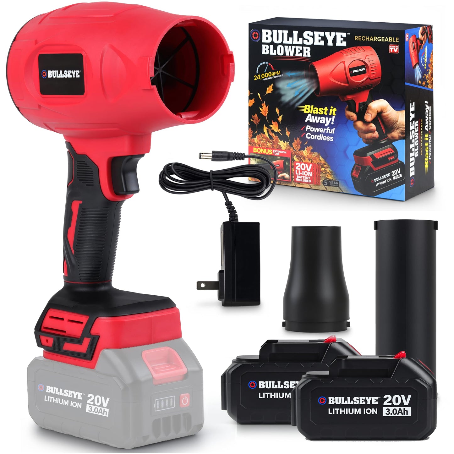Bullseye Blower â Cordless Leaf Blower, Handheld Turbo Jet with 2 Batteries, 20V 350W Electric Air Power for Patio, Garage Cleaning and Car Drying â As Seen on TV