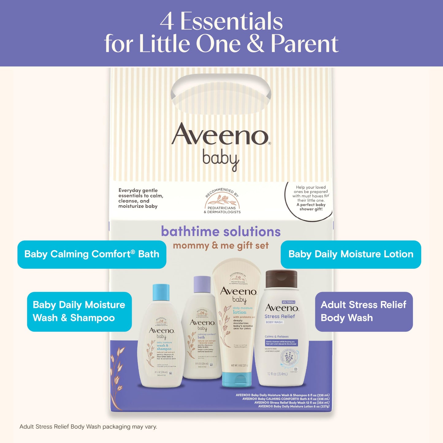 Aveeno Baby Bathtime Solutions Mommy & Me Gift Set, Baby Wash & Shampoo, Calming Bath, Daily Moisturizing Lotion and Stress Relief Body Wash for Mom, Colloidal Oat, Baby Bath Essentials, 4 items