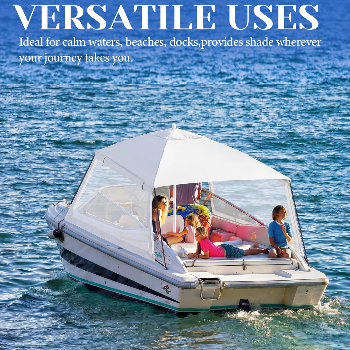 Briwooody White Boat Umbrella Sun Shade with Sidewalls Kit 6' x 6' Boat Sun Cover Anti-Ultraviolet, Adjustable Aluminum Pole to 8 Feet with Ropes and Storage Bag Fits Most Boats and Benches