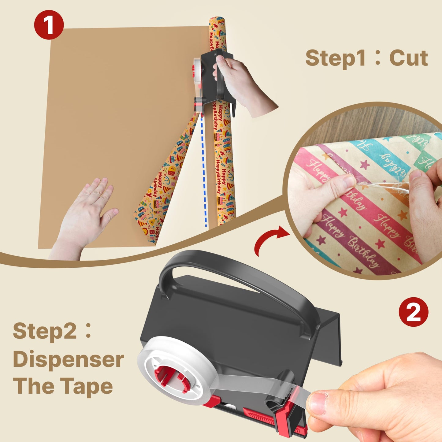 Wraprocut (2-Pack) Wrapping Paper Cutter & Tape Dispenser Dual Use with 4 Tapes,2 Replace Blades Kit for Christmas Gift Wrap Cutter Tool Paper Roll Holder Tube Sliding Slicing for Birthday Holiday.