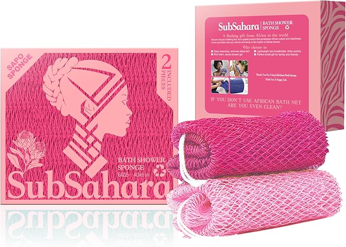 SubSahara Authentic African Net Sponge - 2 Pack Exfoliating Bath & Shower Loofah Sponge for Body & Face, Gentle Scrubber for All Skin Types, Travel, Durable (Dark Pink & Light Pink)