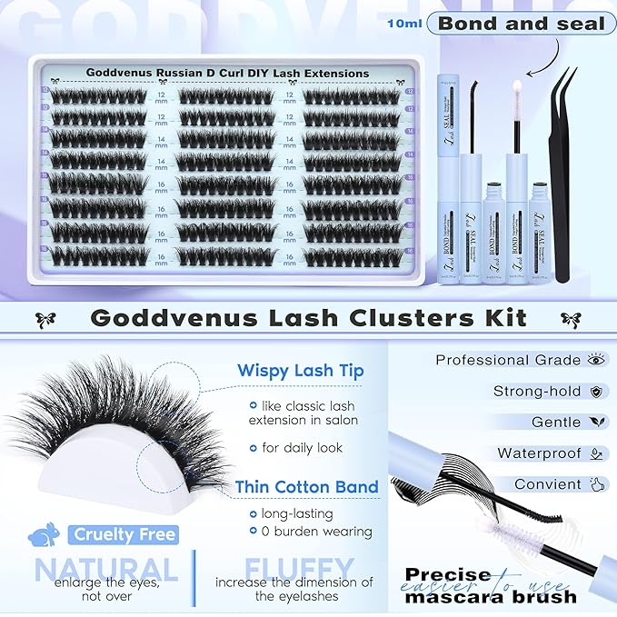 Goddvenus Lash Clusters Kit Wispy Lashes clusters Natural Fluffy Eyelashes Clusters 12mm 14mm 16mm Mixed Cluster Eyelash Extensions Kit D Curl DIY Individual Lashes Kit with Bond and Seal Lash Glue
