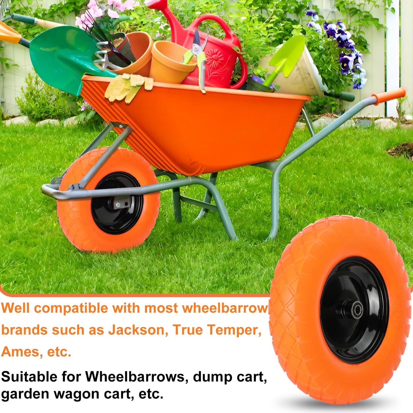 Pontuss Upgraded 16" Flat Free Wheelbarrow Wheels and Tires, 4.80/4.00-8 Solid Tires with 5/8"&3/4" Bearings, Universal Fit for Wheelbarrows/Garden Trailer