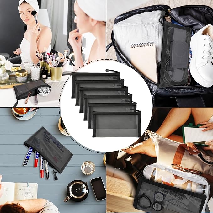 Mesh Bags with Zipper (6 Packs), Small Nylon Makeup Bag Cosmetic Pouches Travel Organizer Case for Purse Diaper Bag Home Organizing Black