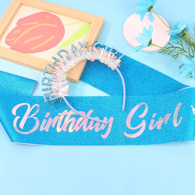 CIEHER Blue Birthday Girl Headband & Birthday Sash for Women Girls Decorations & Party Favors