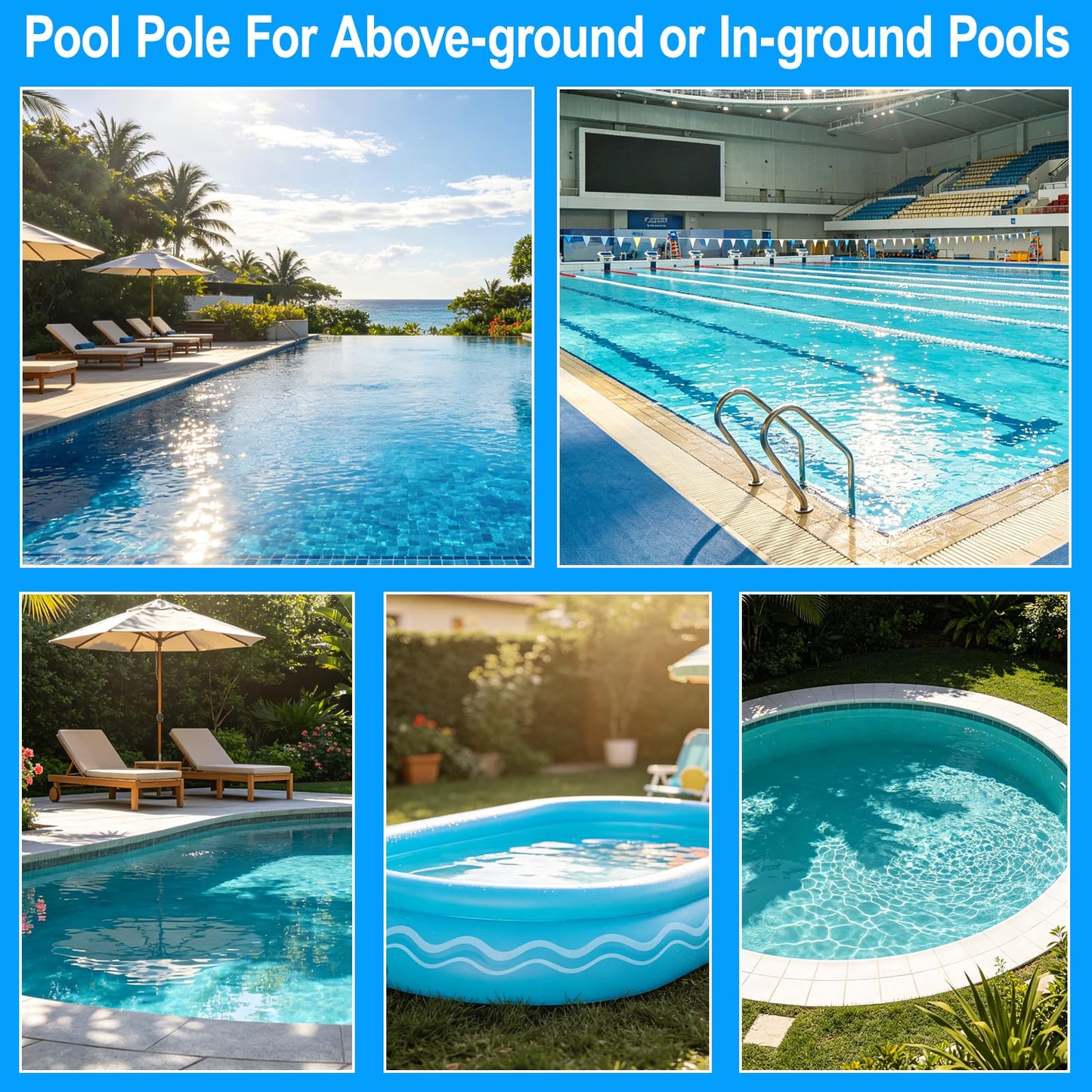 UPGRADED Pool Pole 15 Foot Telescopic Swimming Pool Poles,Telescopic Pool Cleaning Pole,Adjustable Professional Pole for Skimmer Net,Rake,Brush,Vacuum Head,Heavy Duty Aluminum Thicken 1.3mm Pole