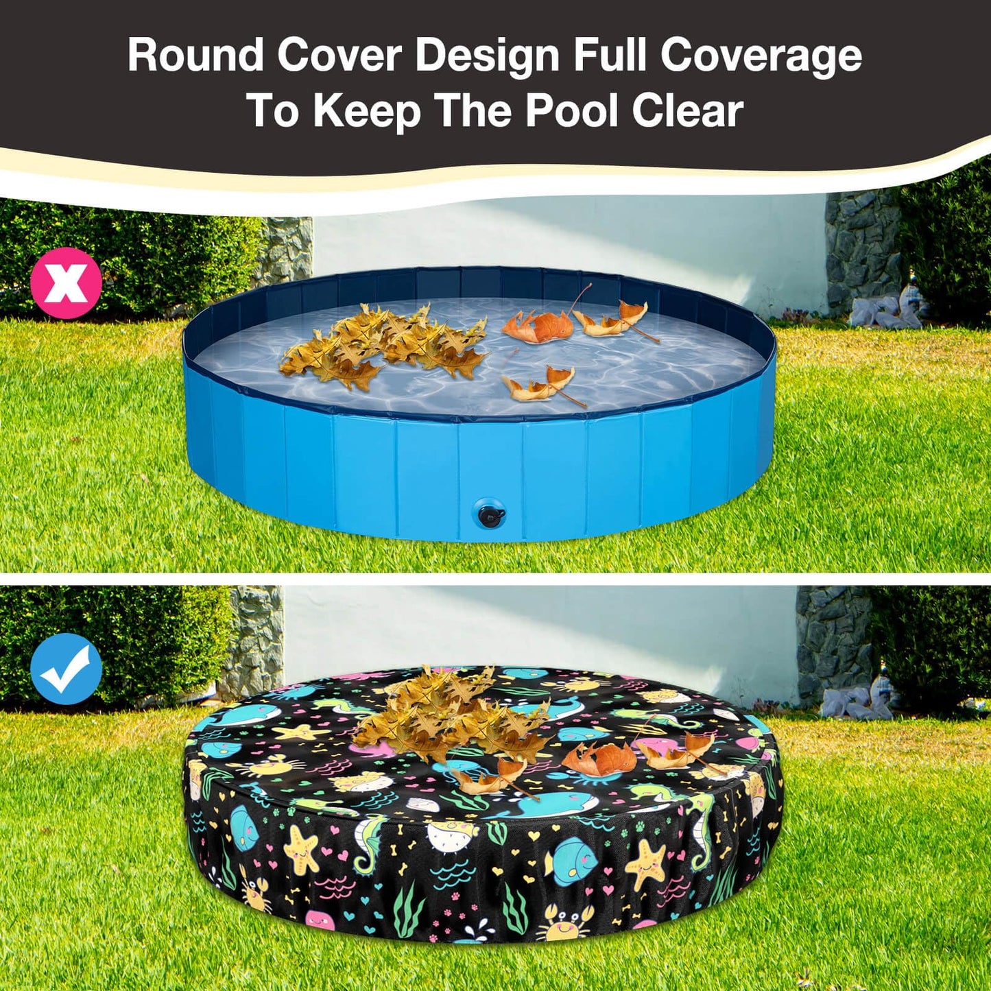 Ladadee Foldable Round Dog Swimming Pool Cover, for 32 "/63“/48” Collapsible Outdoor Tub, PVC Coating Waterproof and UV Protection, Leakproof Washable Kiddie Pet Small Paddling Bath Accessories