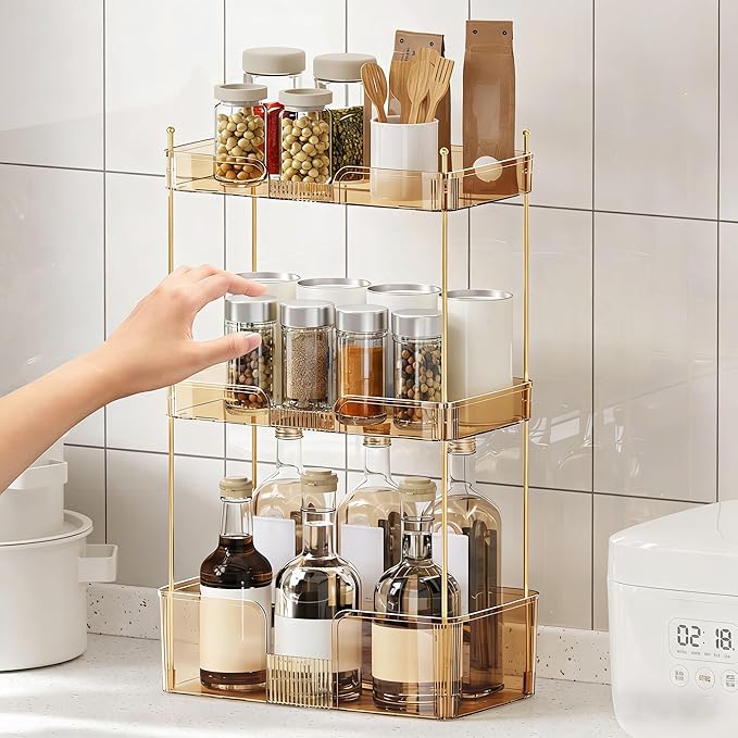 Akinbas 3 Tier Bathroom Organizer Countertop Makeup Perfume Tray Skincare Organizer for Bathroom Dresser Vanity (Gold)