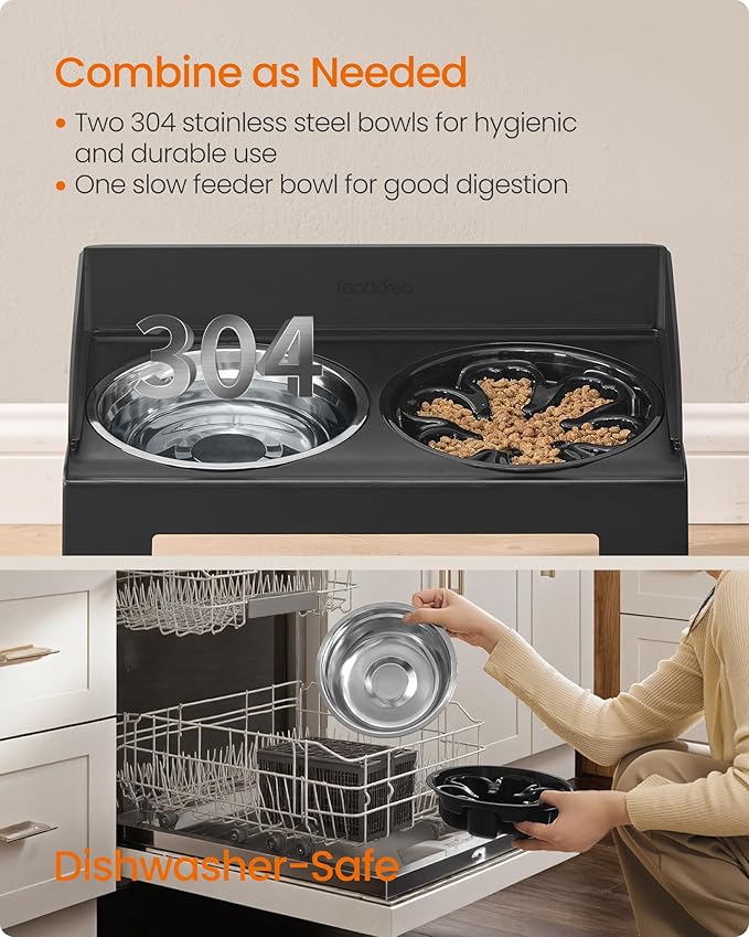 Feandrea Dog Bowls Elevated, Raised Stand with 1 Slow Feeder and Two 304 Stainless Steel Bowls, Adjustable Height and Tilted Design, Ink Black UPRB103B01