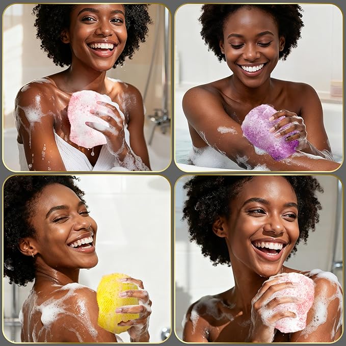 UJFQBH 3 Pieces African Bath Sponge African Net Long Net Bath Sponge Exfoliating Shower Body Scrubber Back Scrubber Skin Smoother,Great for Daily Use (Pink,Yellow,Purple)