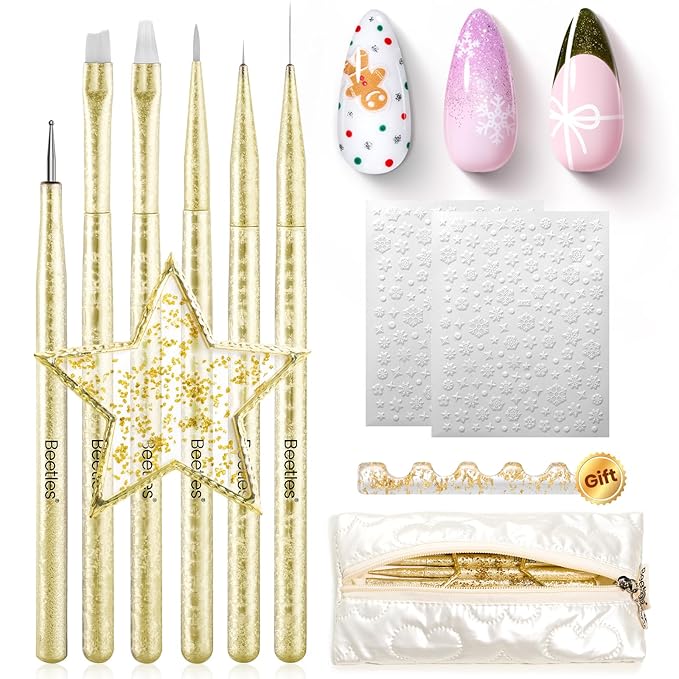 Beetles Christmas Nail Art Brushes 6pcs â Golden Gleam Nail Art Tools Liner Brushes for Nails Dotting Tool Gradient/French/Petal Manicure Design Pen with Star Palette Holder Nails Stickers Pouch Bag