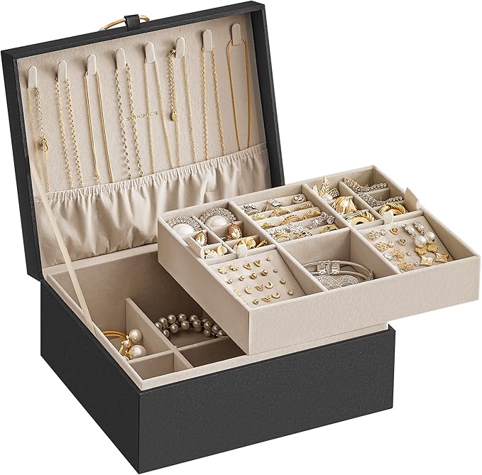 SONGMICS 2-Layer Jewelry Box, Jewelry Organizer with Handle, Removable Jewelry Tray, Jewelry Storage, Floating Effect, 8.1 x 9.4 x 4.3 Inches, Gift Idea, Black UJBC165B01