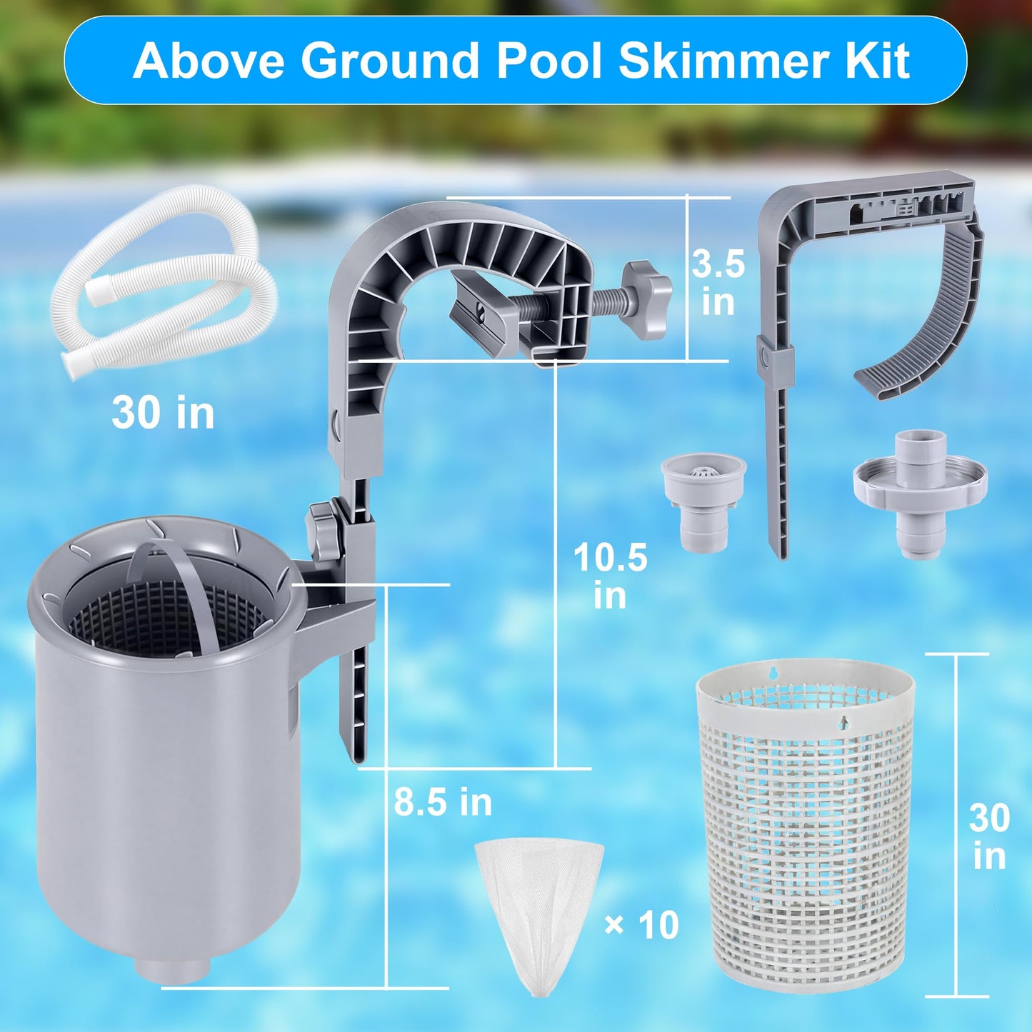 Toodour Above Ground Pool Skimmer, Wall Mount Floating Surface Skimmer with Removable Skimmer Basket & 10 Skimmer Socks, Adjustable Floating Pool Filter for Inflatable Collar/Tubular/Metal Frame Pools