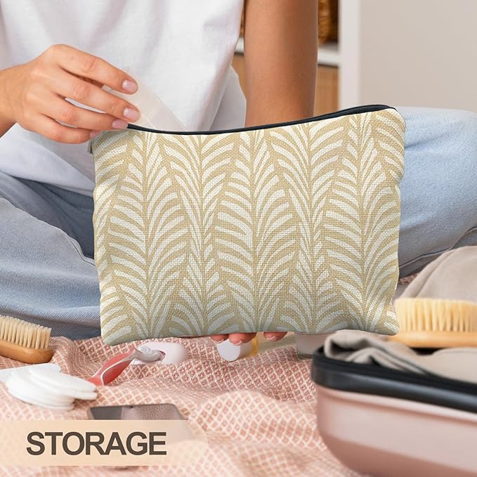 Boho Beige Leaf Makeup Bag, Neutral Block Print Leaves Cosmetic Bags for Women, Minimalist Beige Botanical Zipper Makeup Pouch