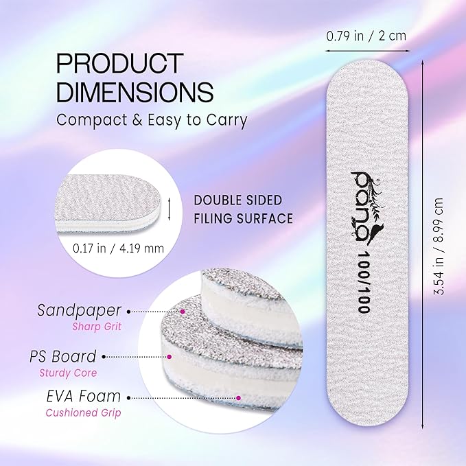 25PCS Mini Size PANA Professional Double Sided Nail Files - Zebra, 100/100 Grit - Emery Board Nail Buffering File Manicure Pedicure Nail Polisher Washable