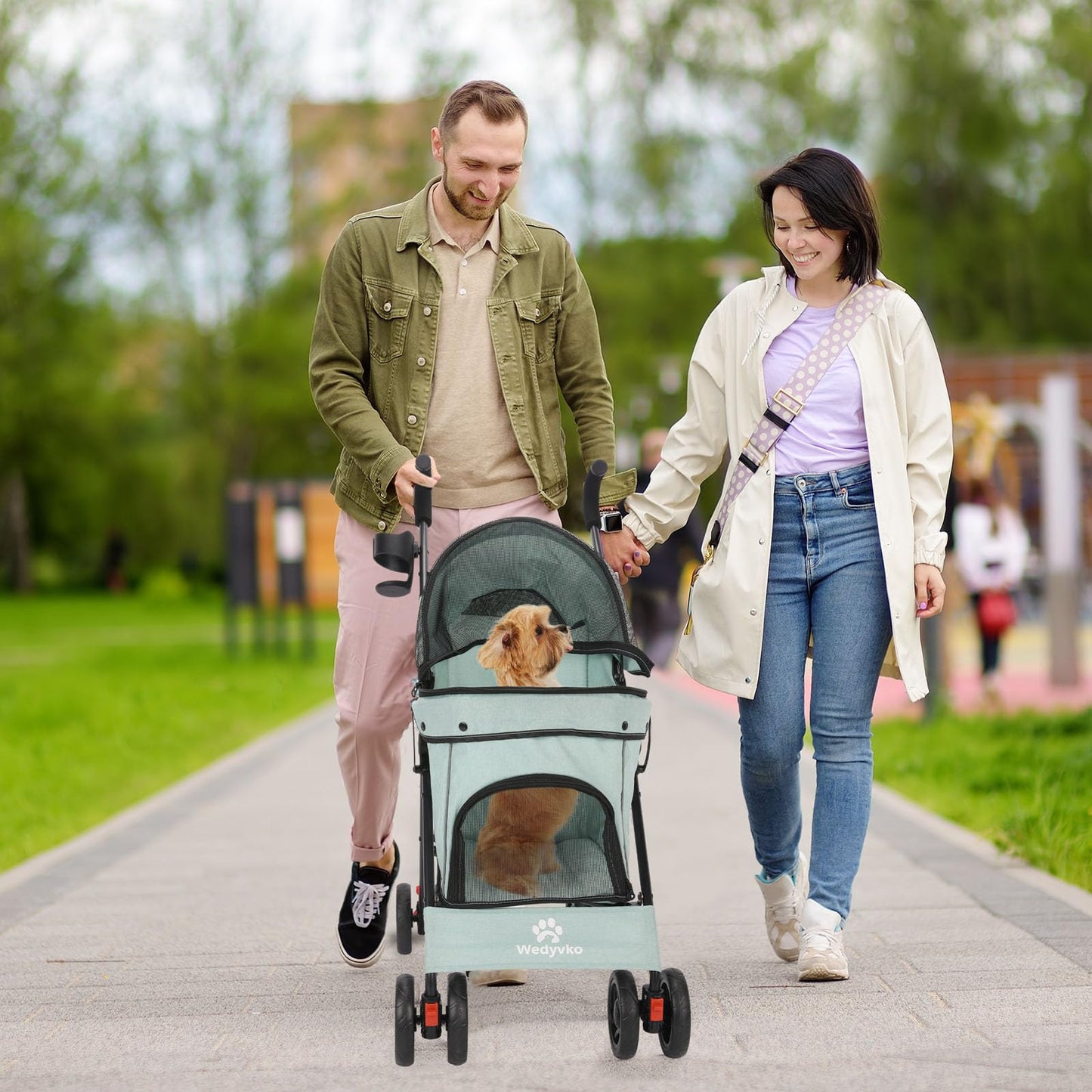 Umbrella Dog Stroller, 4 Wheels Pet Strolling, Foldable Carrier Pet Stroller for Small Dogs Cats, with Carrying Strap and Cup Holder, Dog Poop Bags & Dispenser, Up to 33 lbs, Cyan