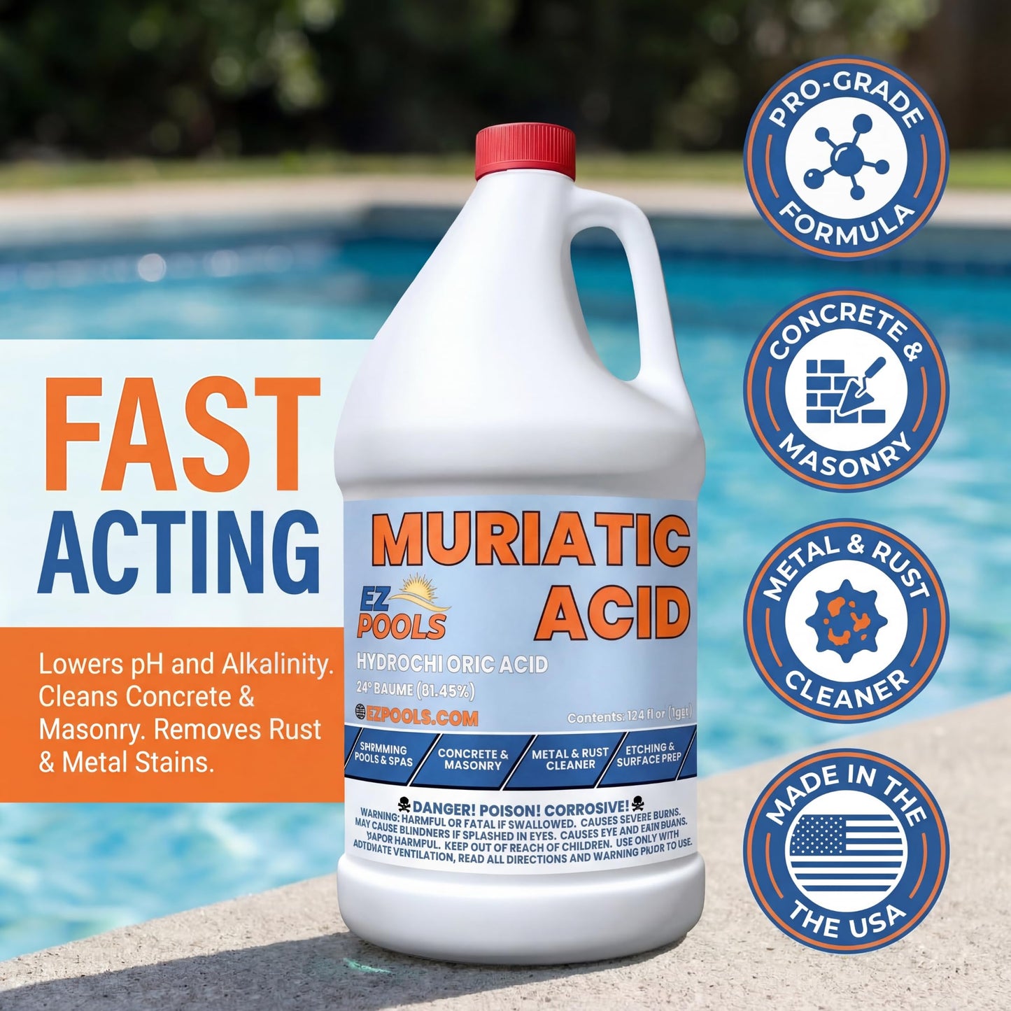EZ Pools Muriatic Acid for Swimming Pools & Spas – Pack of 4 Gallons, Lowers pH, Muriatic Acid for Pools (HCL), pH Reducer for Water Balancing
