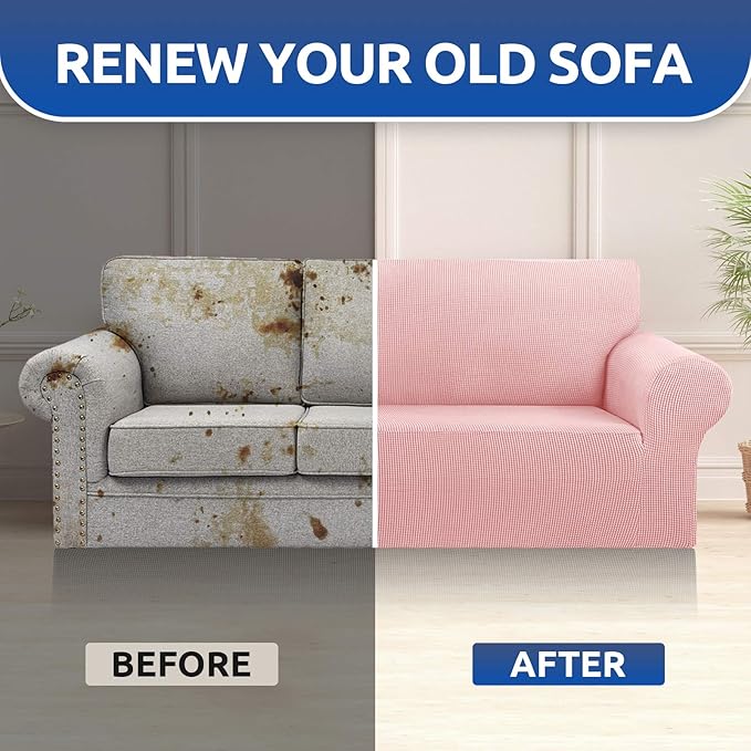 KEKUOU Stretch Sofa Cover Slipcover ,Couch Covers for 3 Cushion Couch Sofa pet Friendly (78"-94") Furniture Protector Sofa with Elastic Bottom for Kids,Dog, Jacquard Small Checked(Large,Dusty Pink)