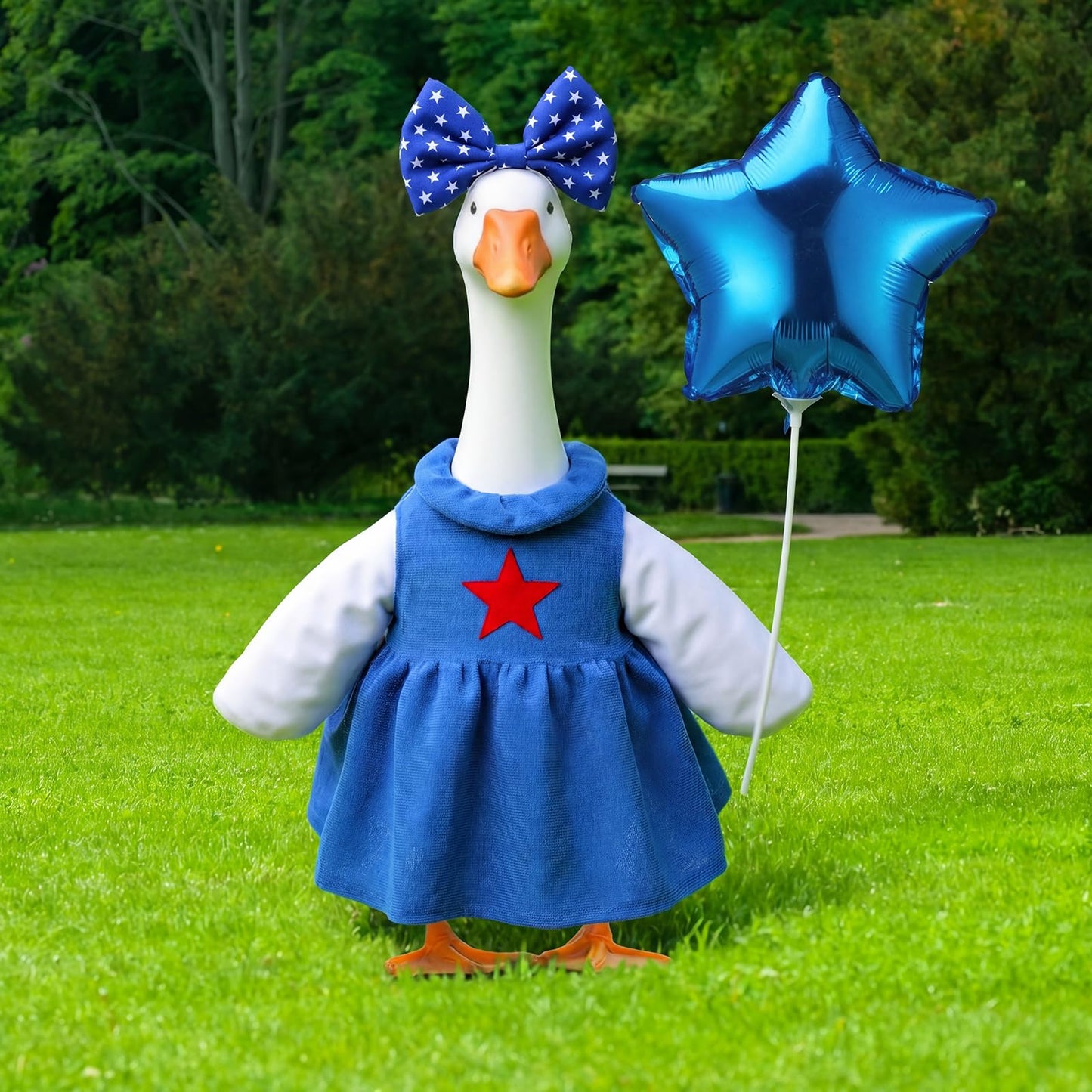 Soulchen 1 Set 4th of July Porch Goose Outfit 23 Inch Red White Blue Patriotic Cement Goose Clothes Dress and Headband Set for 250th Anniversary Memorial Day Independence Day Holiday Garden Yard Decor