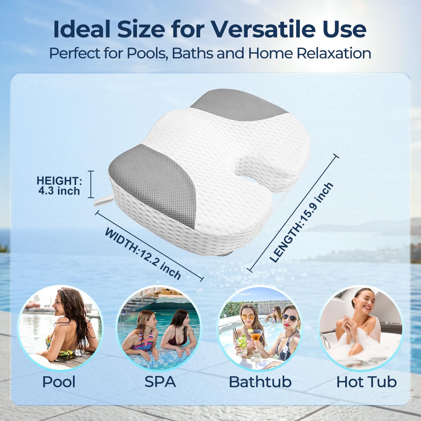 Idle Hippo Hot Tub Booster Seat, 4D Air Mesh Hot Tub Pillow with 6 Powerful Non-Slip Suction Cups, Ergonomic Booster Cushion, Quick Dry Spa Pillow Hot Tub Accessories for Adults Indoor Outdoor-White