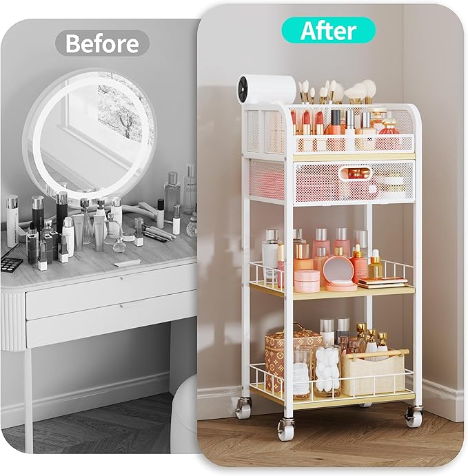 HapiRm Makeup Organizer Storage Cart - 4 Tier Skincare Make Up Storage with Drawer, Rolling Makeup Cart Vanity Organizer Cosmetics Display Cases Holder for Skin Care Perfume Nail Polish Brush