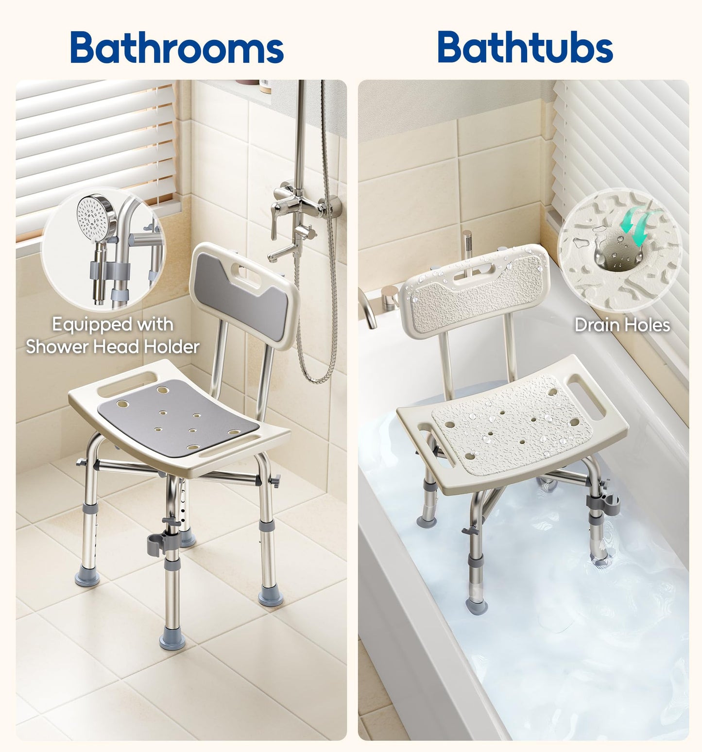 Bluelog Shower Chair with Back for Elderly and Disabled, Shower Seat Bench Stool, Adjustable Height, 350 lbs Capacity, Rectangular