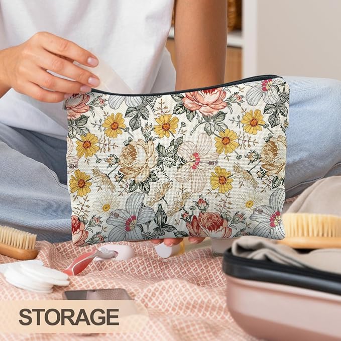 Floral Makeup Bag, Vintage Floral Pouch for Women, Aesthetic Makeup Bag, Flower Gifts for Women, Gifts for Flower Lovers, Colorful Garden Flowers Makeup Pouch