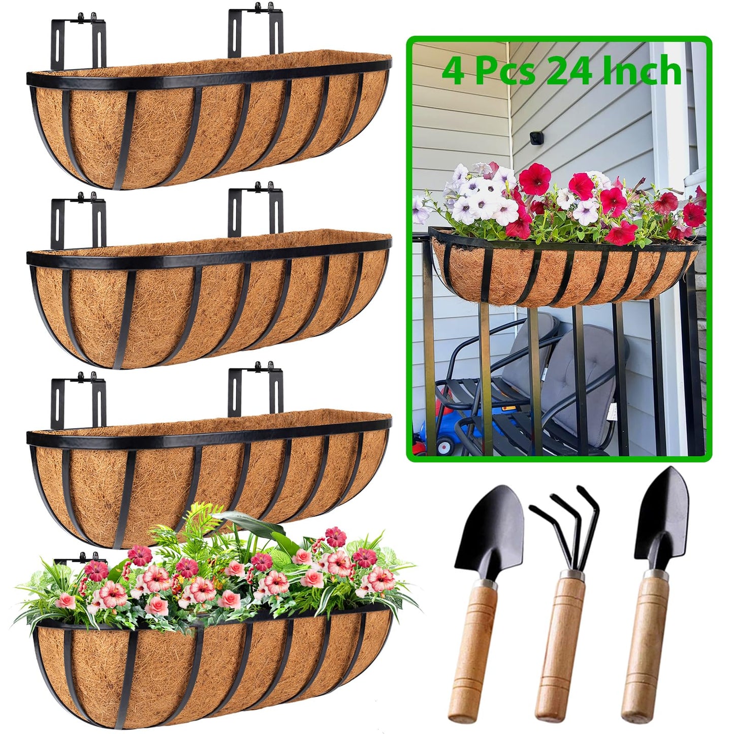 HKZ Deck Balcony Railing Planter Window Boxes - 4 Pack 24 Inch Planter Box, Balcony Planters Railing Hanging, Window Boxes Outdoor Fence Planters