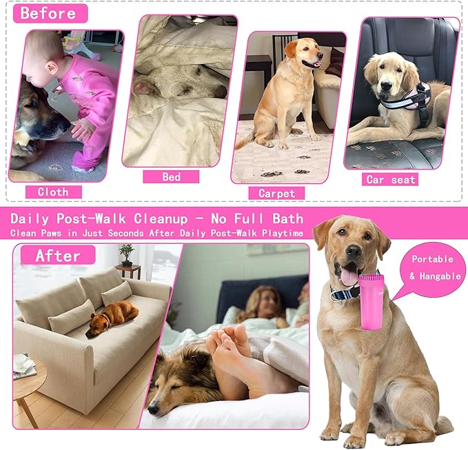 Dog Paw Cleaner Kit for L/XL Dogs - Quick Clean No Full Bath, 2-in-1 Paw Wash Cup with Detachable Silicone Brush Head, Includes Bath Brush & 3 Absorbent Towels, Pink
