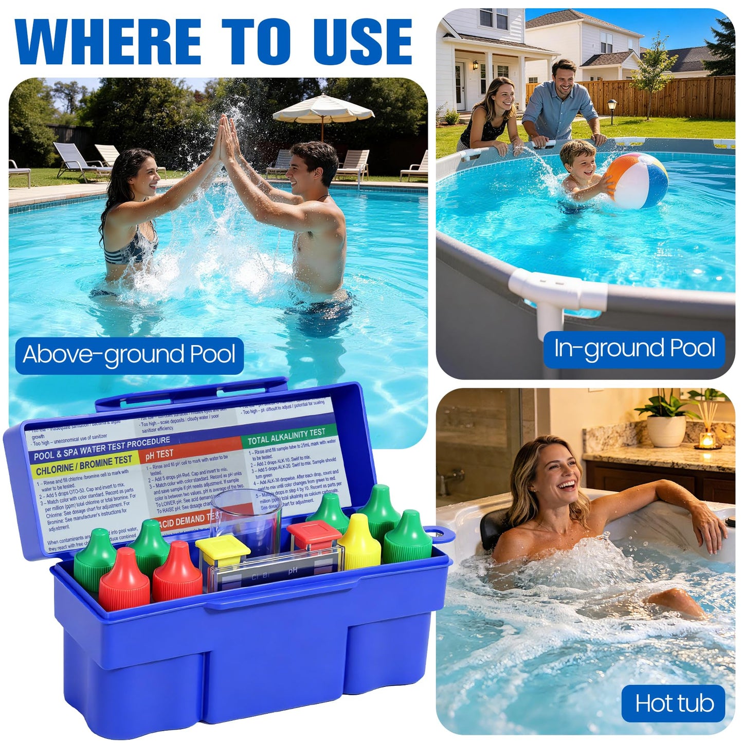 PRAXXIS 6-Way Pool Water Testing Kit, Pool Test Kit for Inground Above Ground Pool, Pool Water Chemical Test Kit for Chlorine,Bromine,pH, Acid Demand, Alkalinity, Hardness For Quick & Accurate Testing