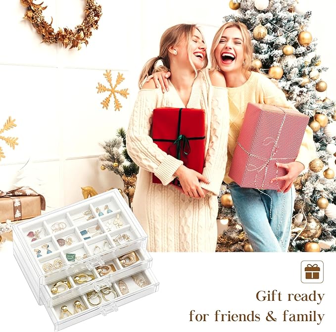 ProCase Earring Holder Organizer Jewelry Box with 3 Drawers, Acrylic Clear Earring Case with Adjustable Velvet Trays for Women - Warmwhite, 3 Layers