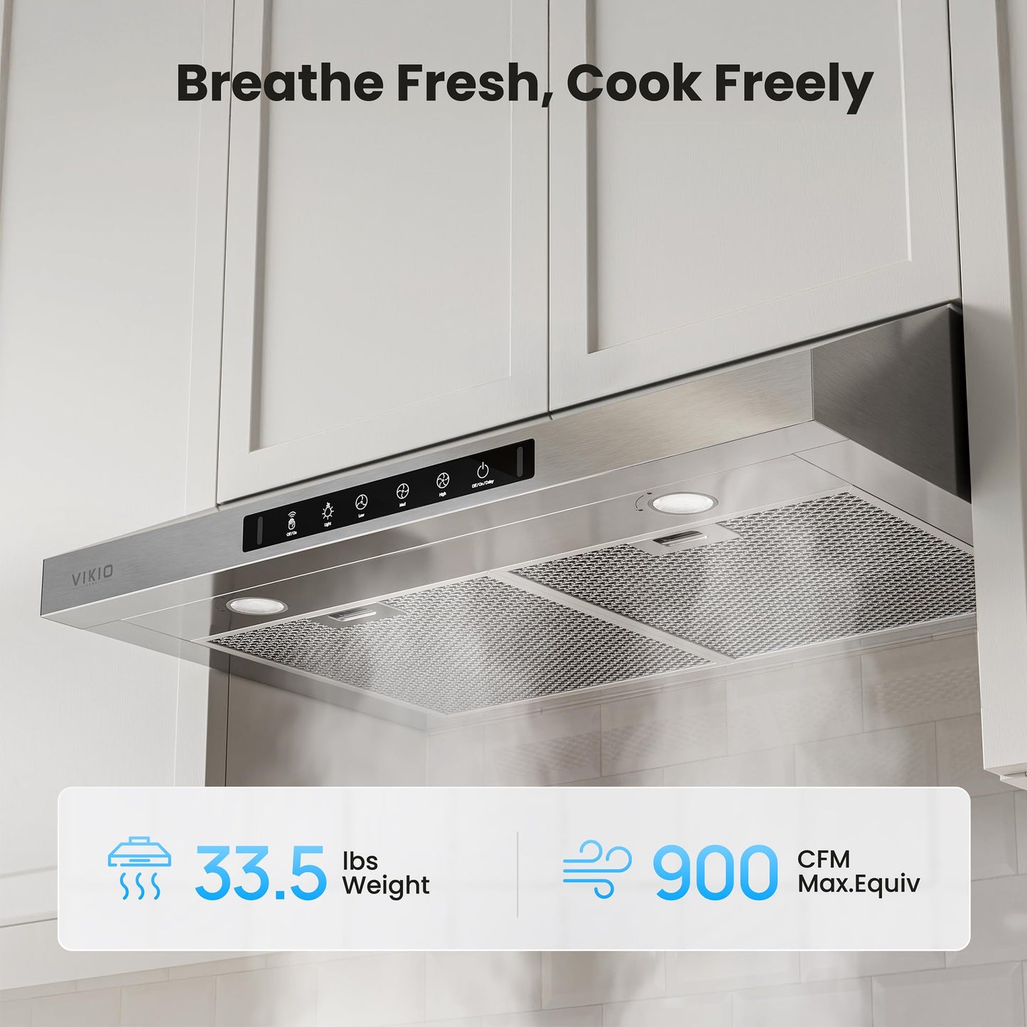 VIKIO HOME 30 Inch Under Cabinet Range Hood 900 CFM, Dual Motor Powerful Kitchen Vent Hood, Gesture & Touch Control, Ultra Quiet DC Motor, Dishwasher-Safe Filters, LED Lights, Stainless Steel